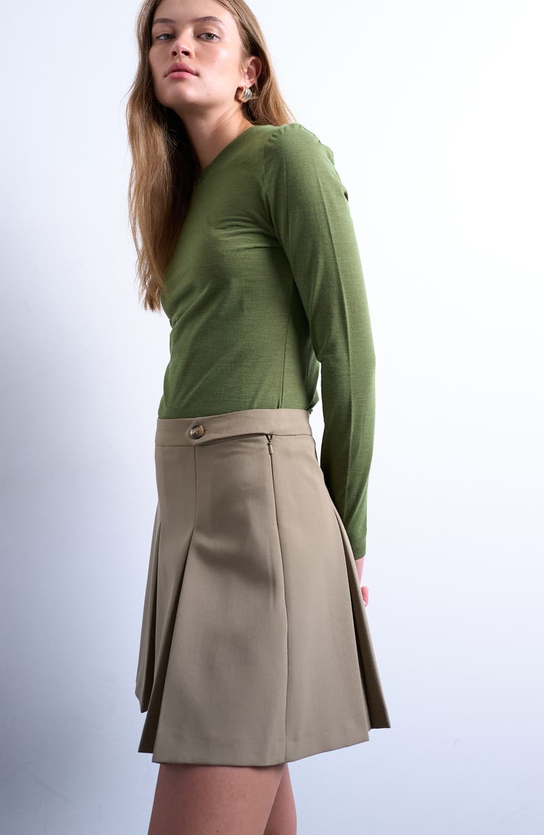 Topshop Box Pleat Miniskirt, Alternate, color, Brown