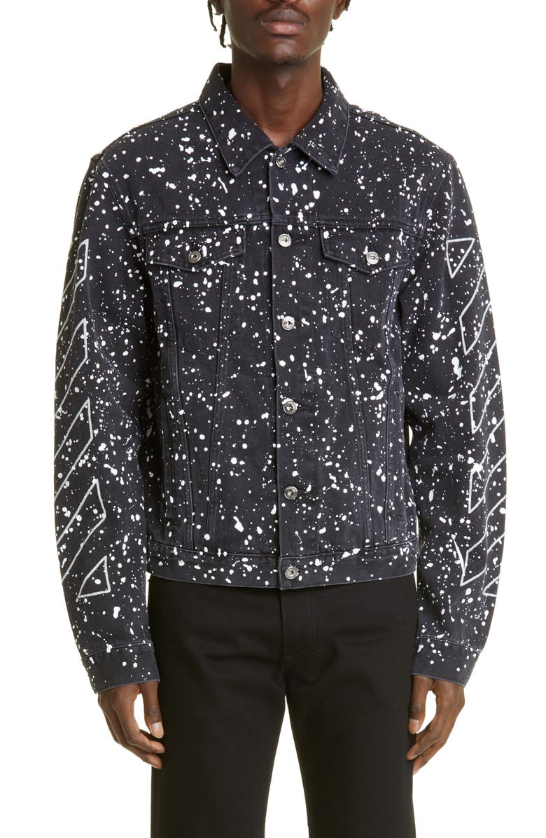 Off-White Men's Diag Outline Paint Spatter Denim Jacket, Main, color, 