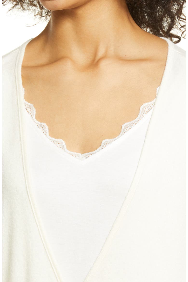 Wrap Front Lace Trim Long Sleeve Hacci Top, Alternate, color, WHISPER WHITE