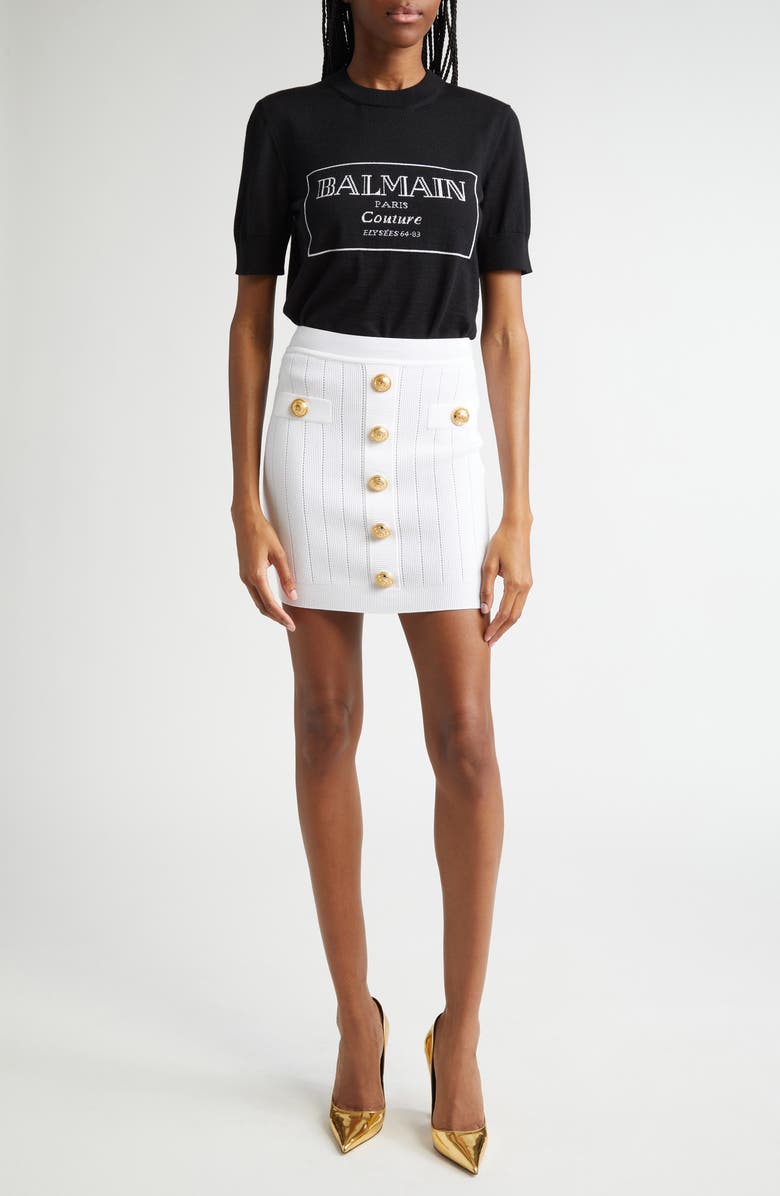 Balmain Logo Jacquard Short Sleeve Merino Wool Sweater, Alternate, color, 