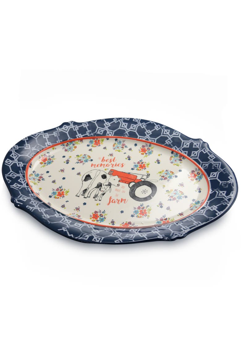 18.5 Inch Oval Ceramic Serving Platter in Floral Farm, Main, color, Red