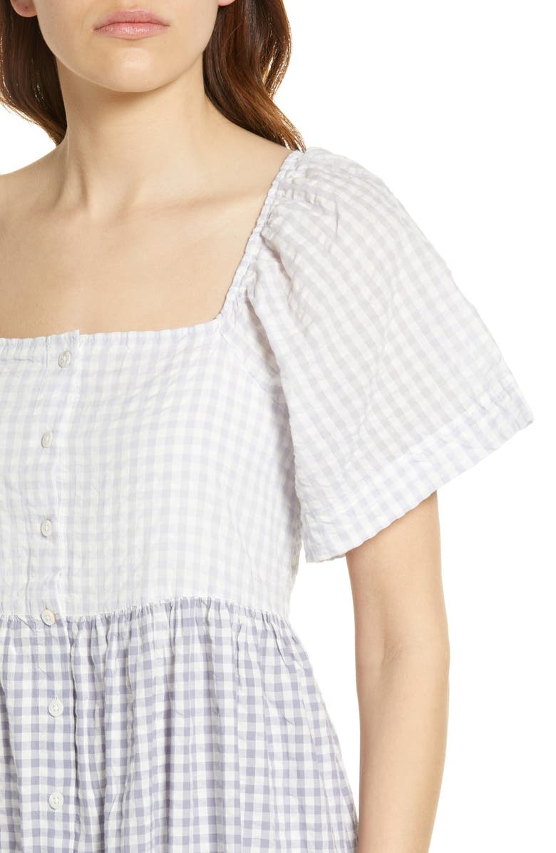 Madewell Patchwork Gingham Button Front Tiered Midi Dress, Alternate, color, 