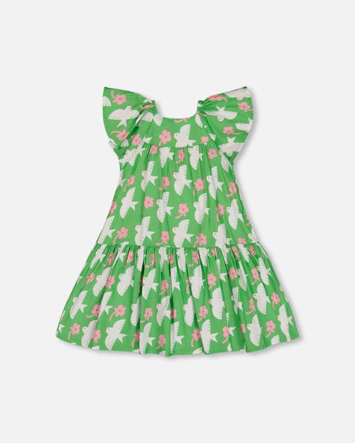 Deux Par Deux Little Girl's Printed Dress With Flounce Sleeves Green With White And Pink Bird In Green With White And Pink Bird