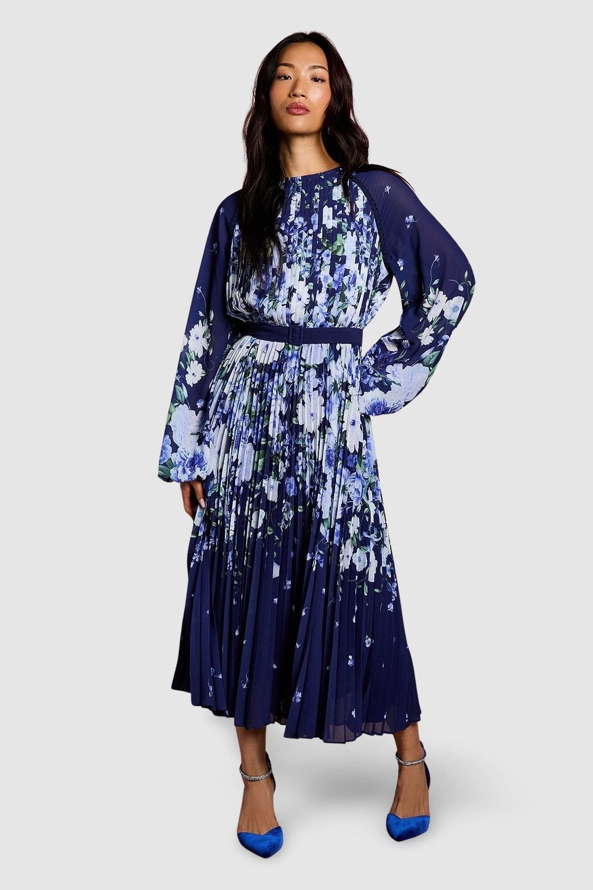 Coast Floral Pleated Georgette Midi Dress In Blue