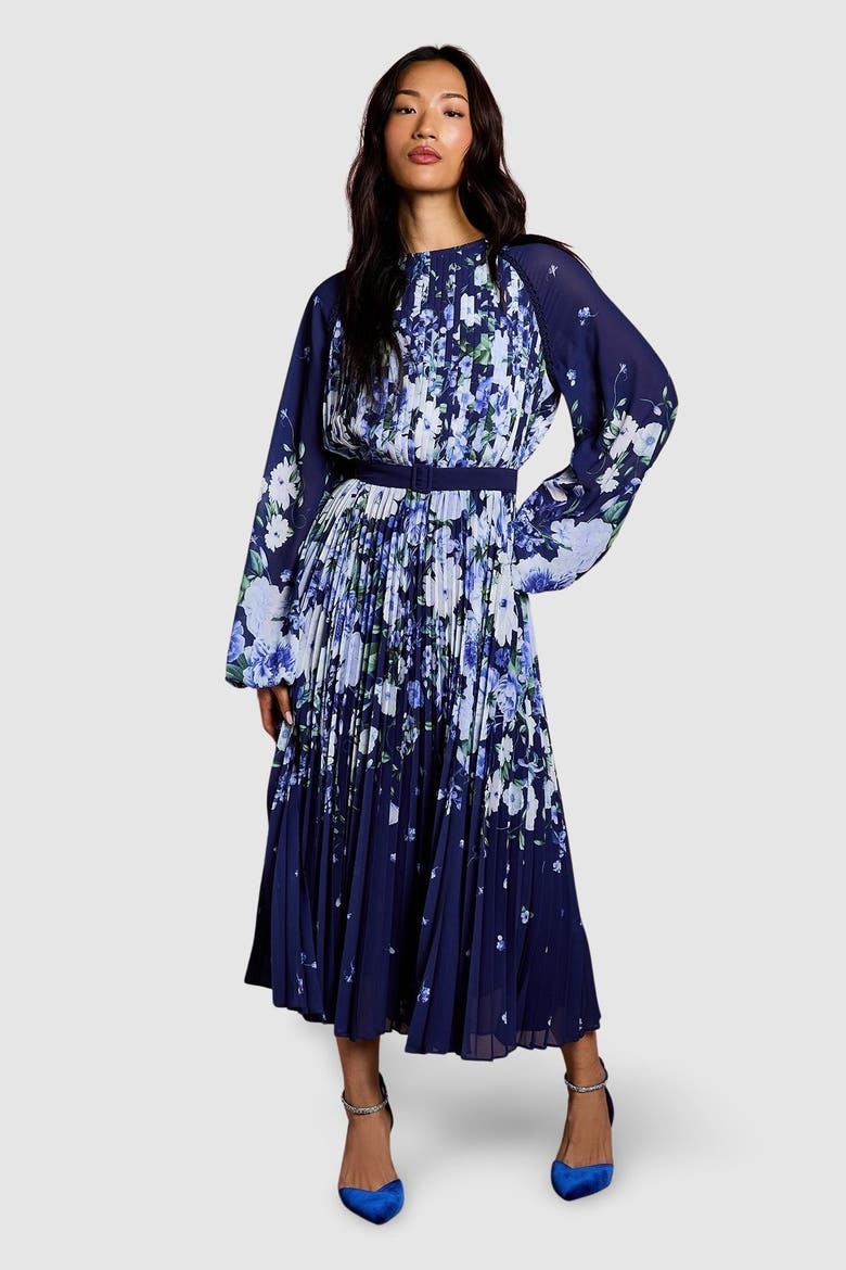 Floral Pleated Georgette Midi Dress, Main, color, Navy