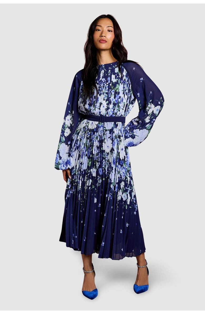 Coast Floral Pleated Georgette Midi Dress, Main, color, Navy