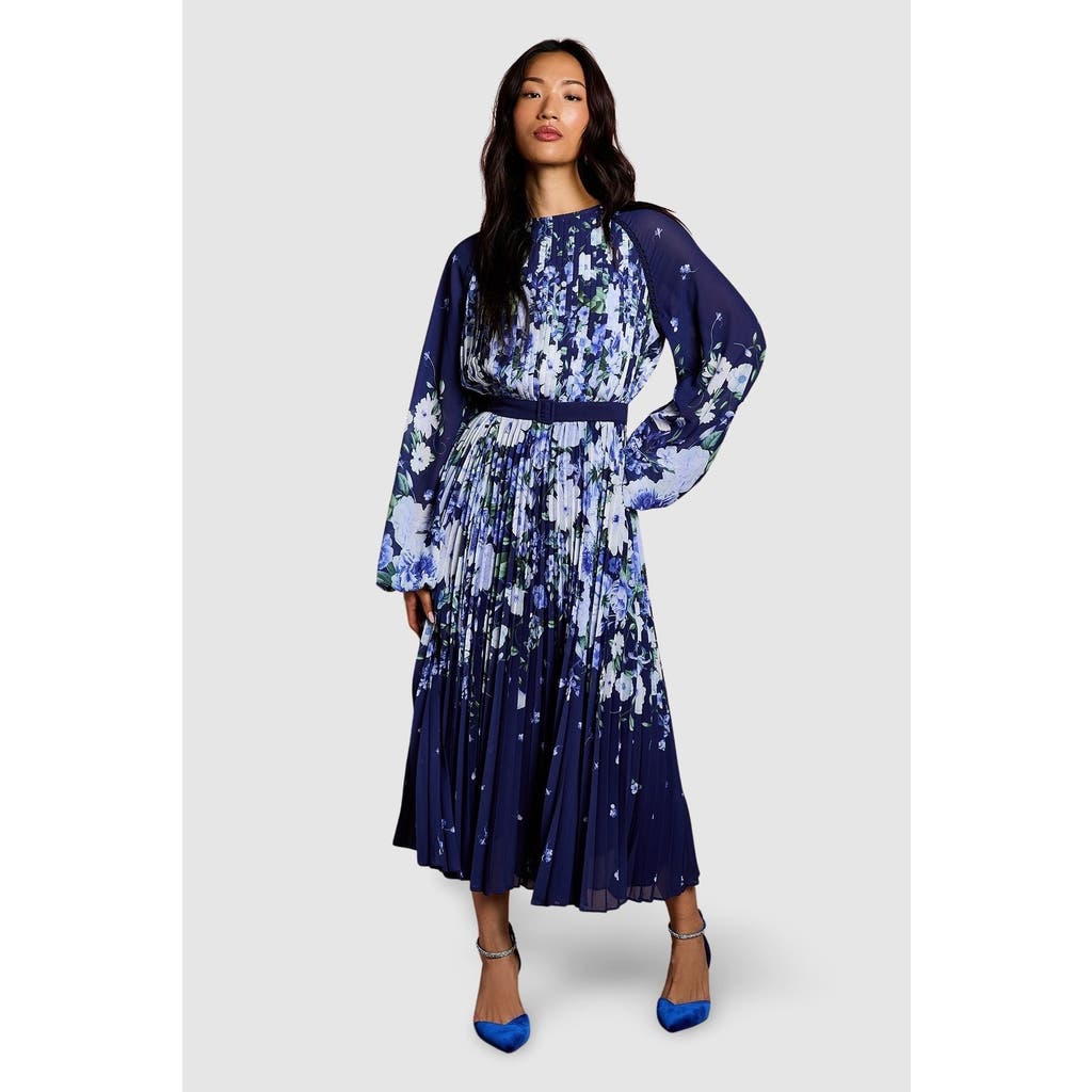 Coast Floral Pleated Georgette Midi Dress In Blue