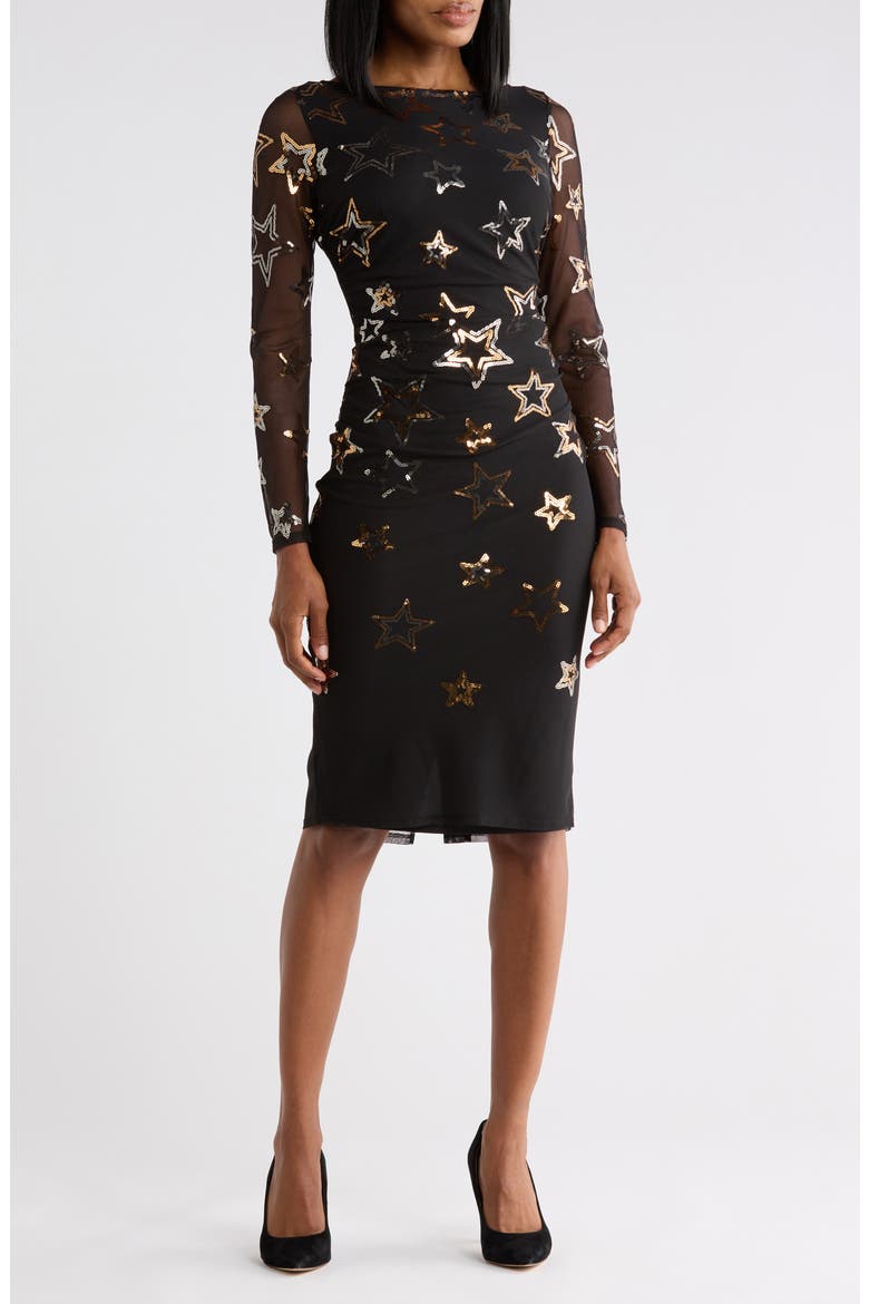 Sequined Star Mesh Long Sleeve Midi Body-Con Dress, Main, color, BLACK GOLD