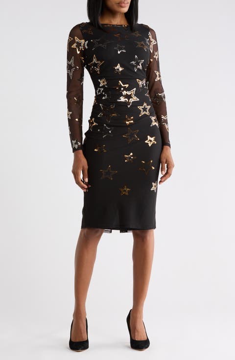 Sequined Star Mesh Long Sleeve Midi Body-Con Dress