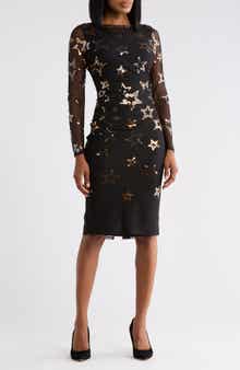 Sequined Star Mesh Long Sleeve Midi Body-Con Dress