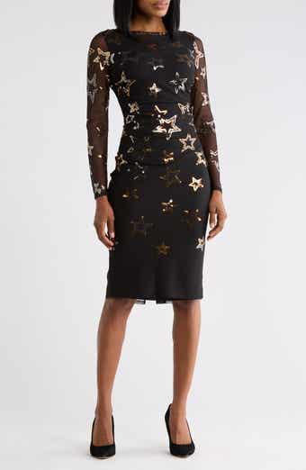 Sequined Star Mesh Long Sleeve Midi Body-Con Dress