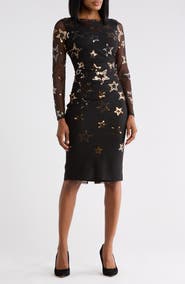 Vince Camuto Sequined Star Mesh Long Sleeve Midi Body-Con Dress