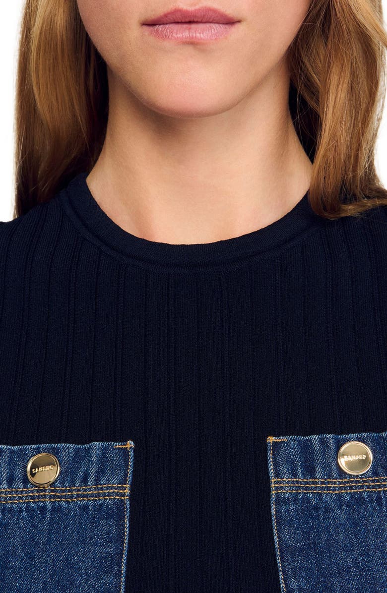SANDRO Knit and denim top, Alternate, color, Navy Blue