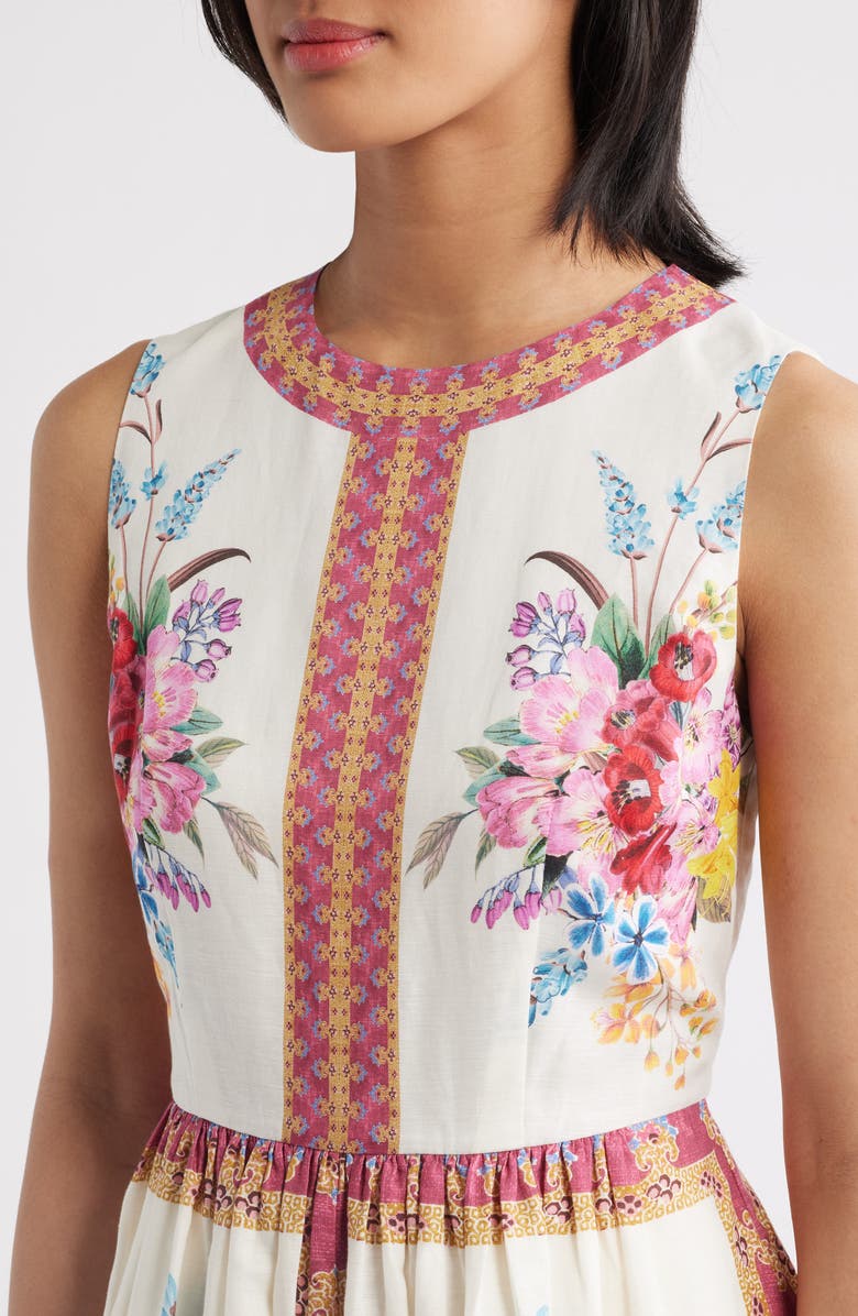 Elie Tahari The Scarlette Print Linen Blend Midi Dress, Alternate, color, Tiara Garden Print