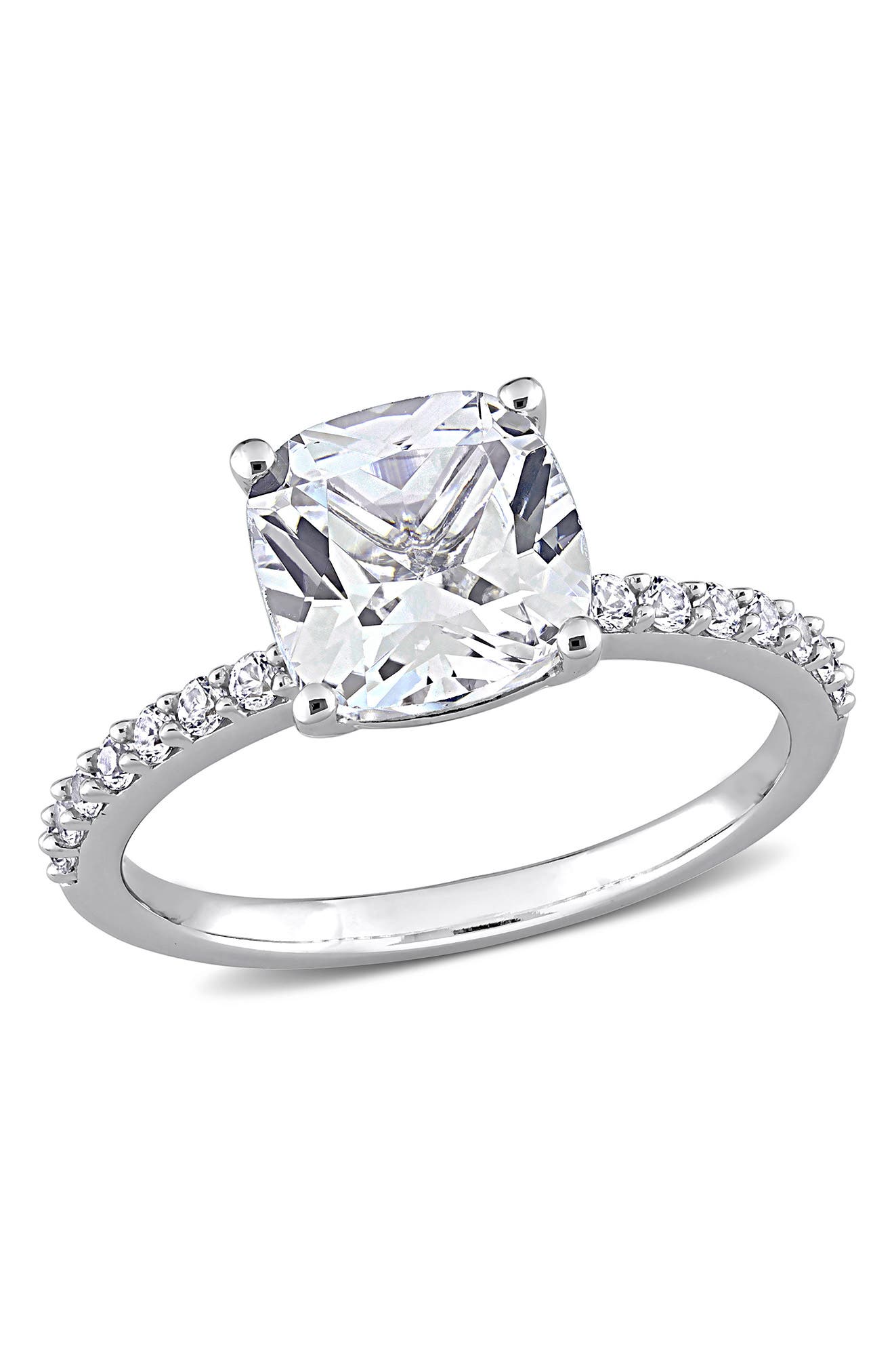 DELMAR 10K White Gold Cushion Cut Created White Sapphire Solitaire Ring