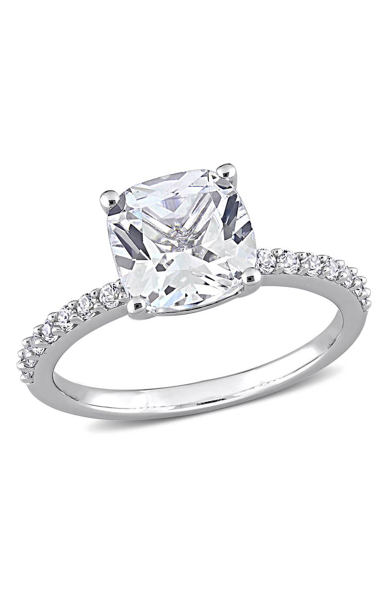 DELMAR 10K White Gold Cushion Cut Created White Sapphire Solitaire Ring, Main, color, Silver