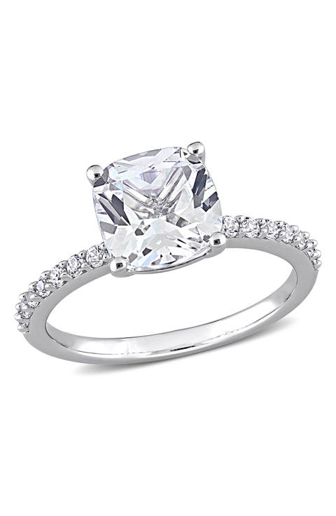 10K White Gold Cushion Cut Created White Sapphire Solitaire Ring
