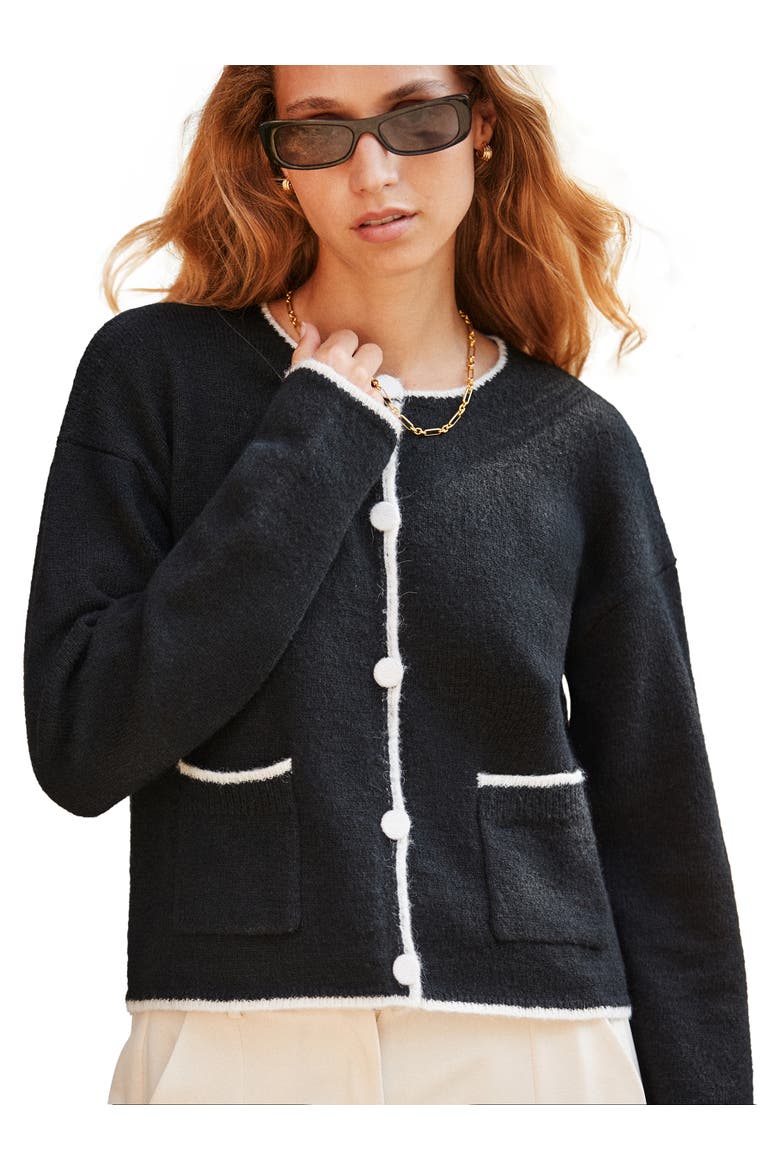 Long Sleeve Crew Neck Contrast Cardigan, Main, color, Black