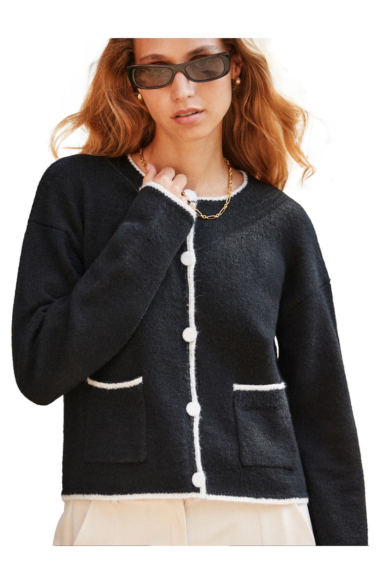 Ro&Zo Long Sleeve Crew Neck Contrast Cardigan, Main, color, Black