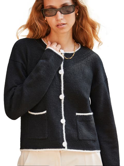 Long Sleeve Crew Neck Contrast Cardigan