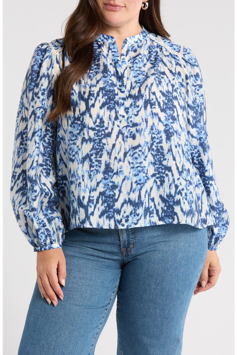 Embroidered Inset Top, Main, color, IVORY- BLUE LINEN IKAT