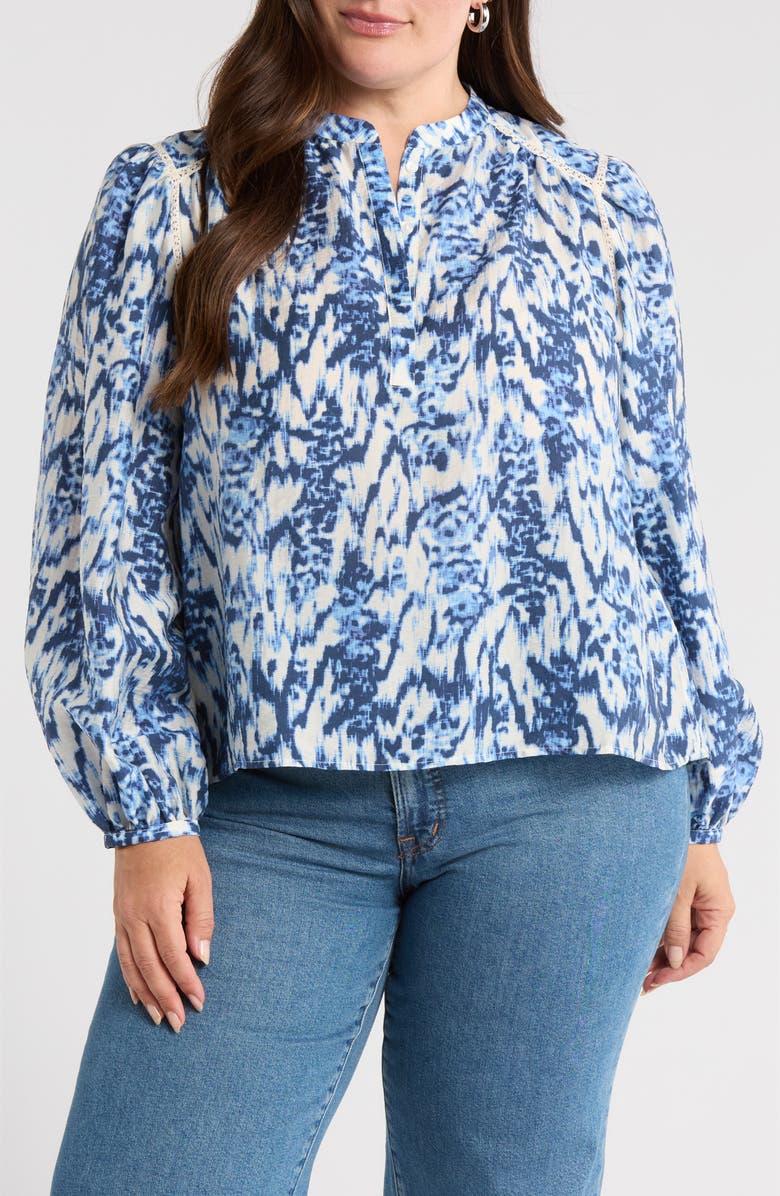 Caslon<sup>®</sup> Embroidered Inset Top, Main, color, Ivory- Blue Linen Ikat