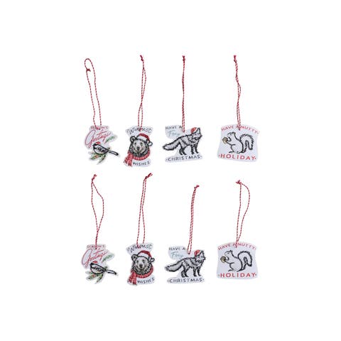Printed Paper Ornaments/Gift Tags with Holiday Saying, Animal and Embroidery, Multicolor, Set of 8