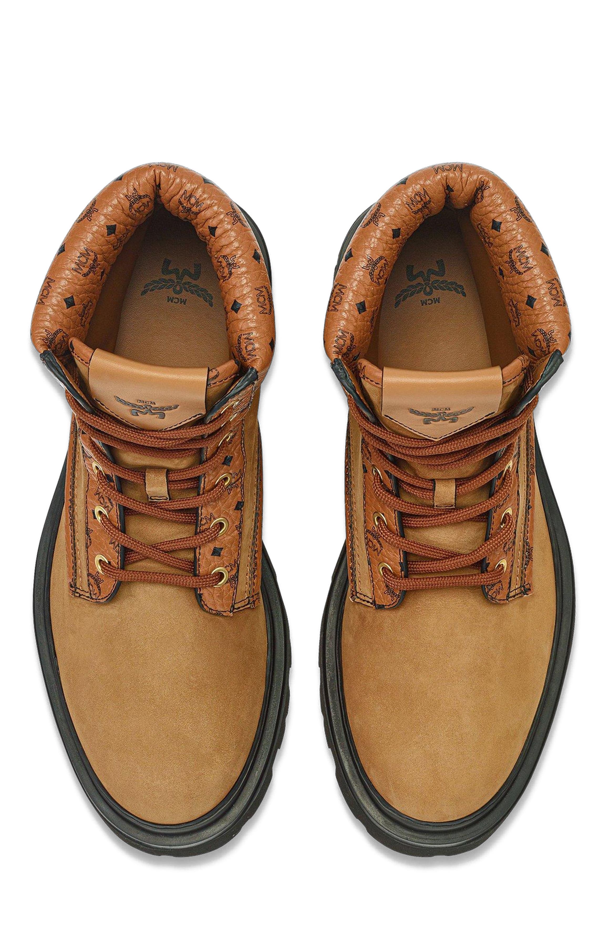 Female Ankle Boots in Nubuck and Monogram Print Leather, Alternate, color, Cognac & Offwhite
