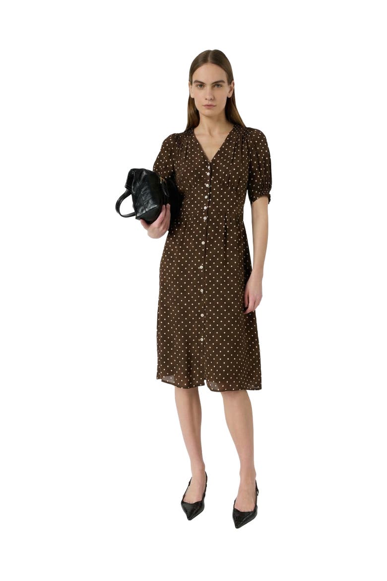 Rohya V-Neck Polka Dot Midi Dress, Main, color, Brown