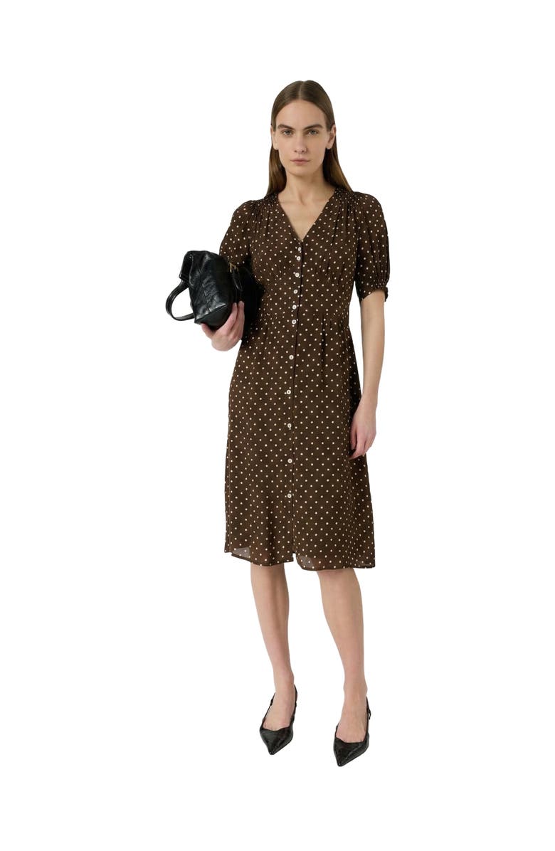 GERARD DAREL Rohya V-Neck Polka Dot Midi Dress, Main, color, Brown