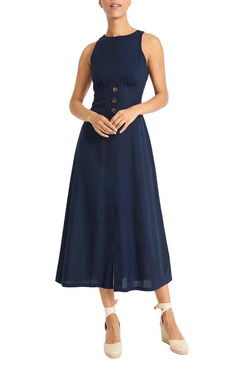 Maggy London Sleeveless Linen Blend Fit & Flare Dress, Main, color, Navy Blazer