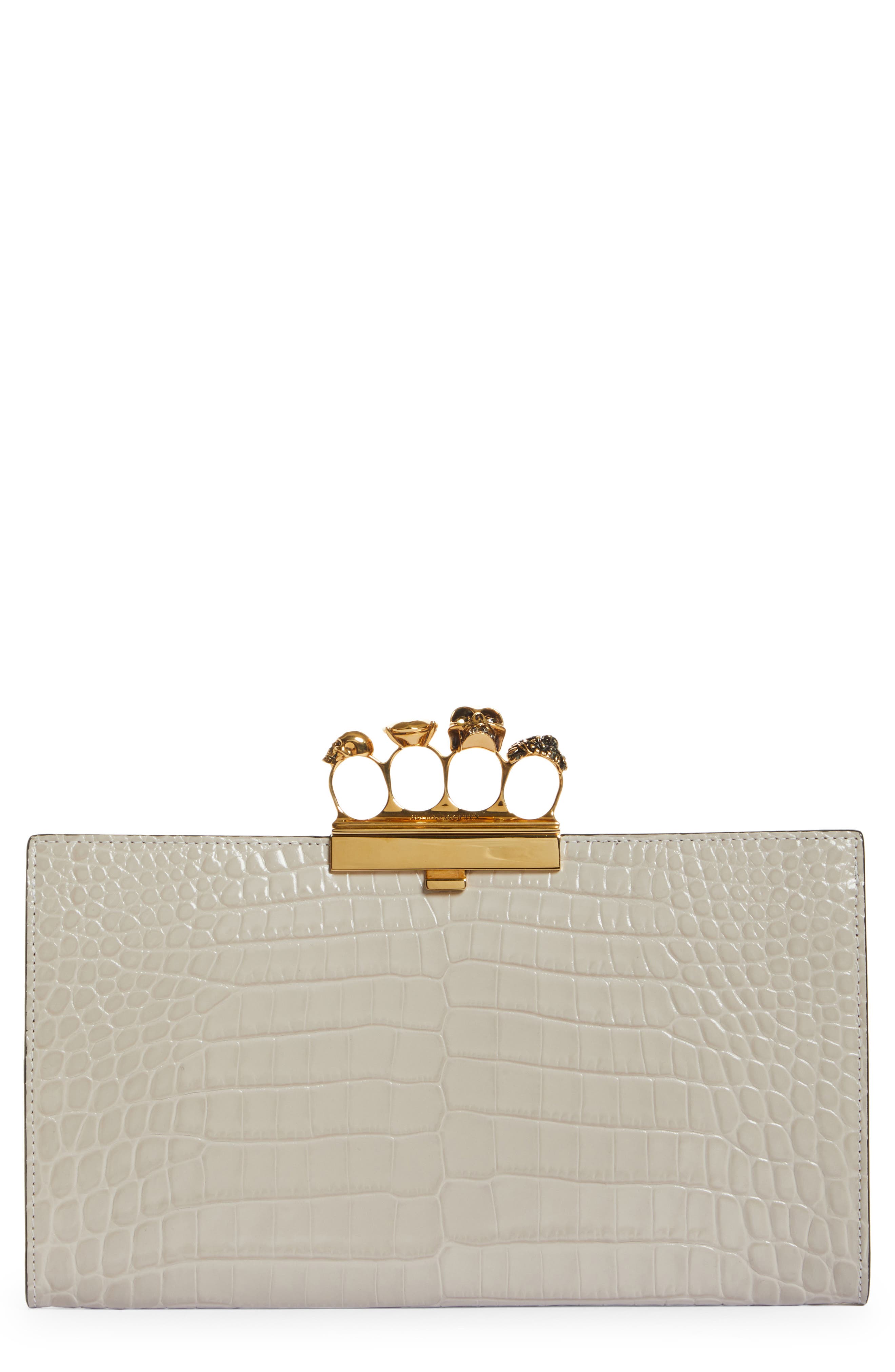 McQueen Alexander McQueen Four-Ring Knuckle Clasp Croc Embossed Leather Clutch, Main, color, 