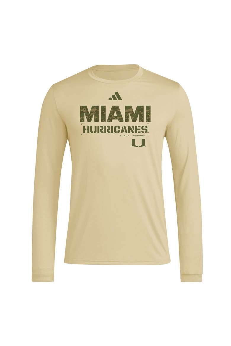 Men's adidas Natural Miami Hurricanes Strategy Pre-Game Long Sleeve T-Shirt, Alternate, color, Natural