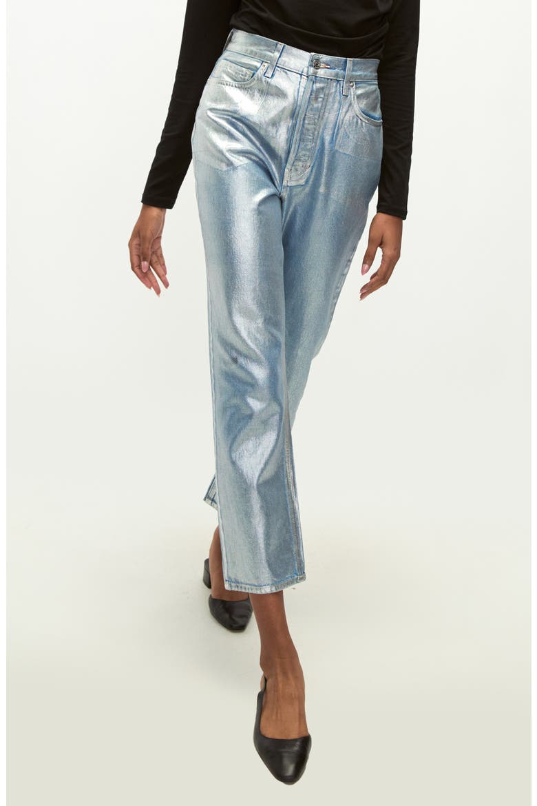 Daniela Metallic High Waist Ankle Straight Leg Jeans, Main, color, SILVERWOOD SHINE