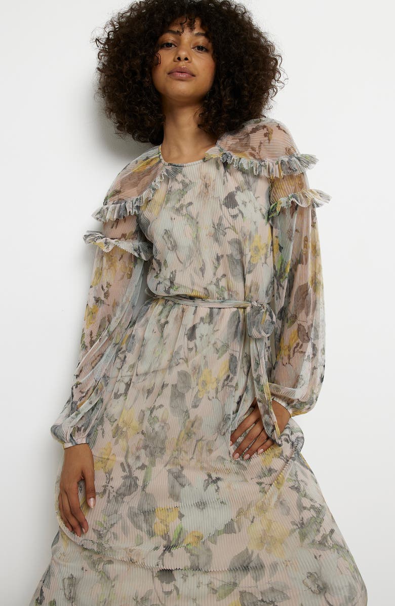 River Island Floral Ruffle Trim Long Sleeve Mesh Plissé Dress, Alternate, color, 