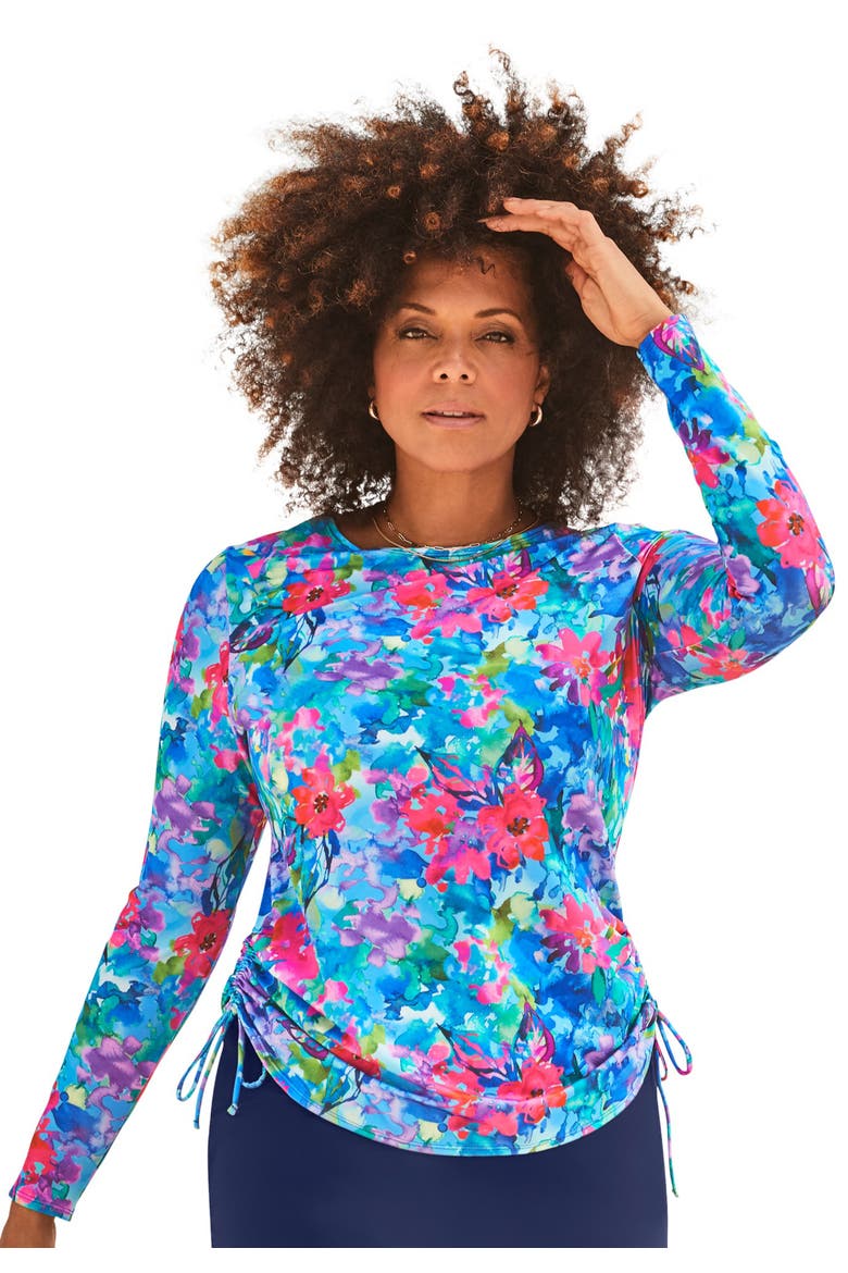 Side Tie Swim Tee Rash Guard With Built In Bra, Main, color, Bright Watercolor Floral