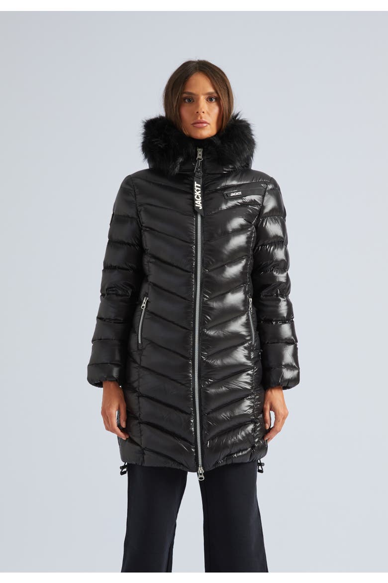 Longline Hooded Down Coat, Main, color, Black Shine