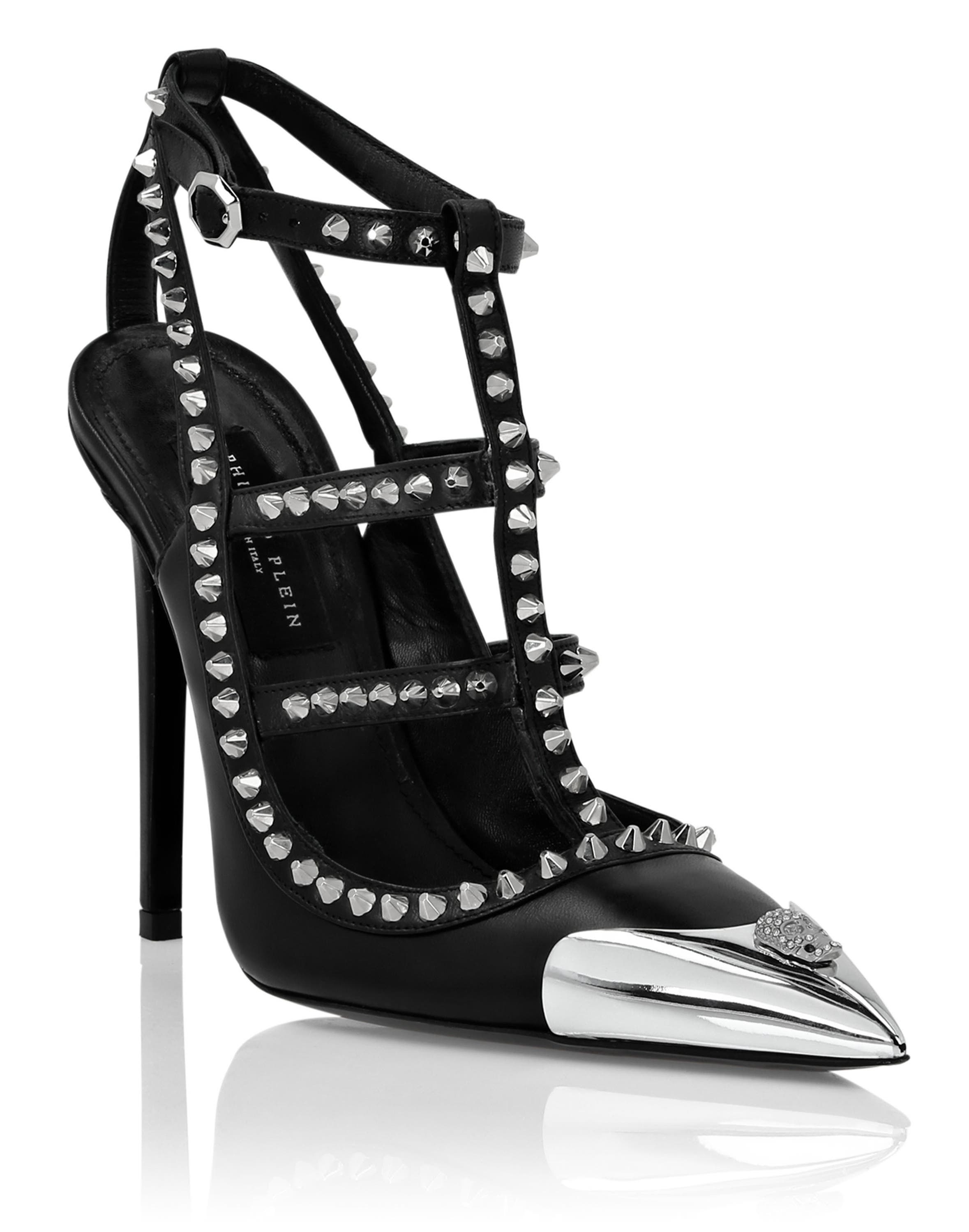 PHILIPP PLEIN Nappa Leather Sandals High Heels Studs Women, Main, color, Black