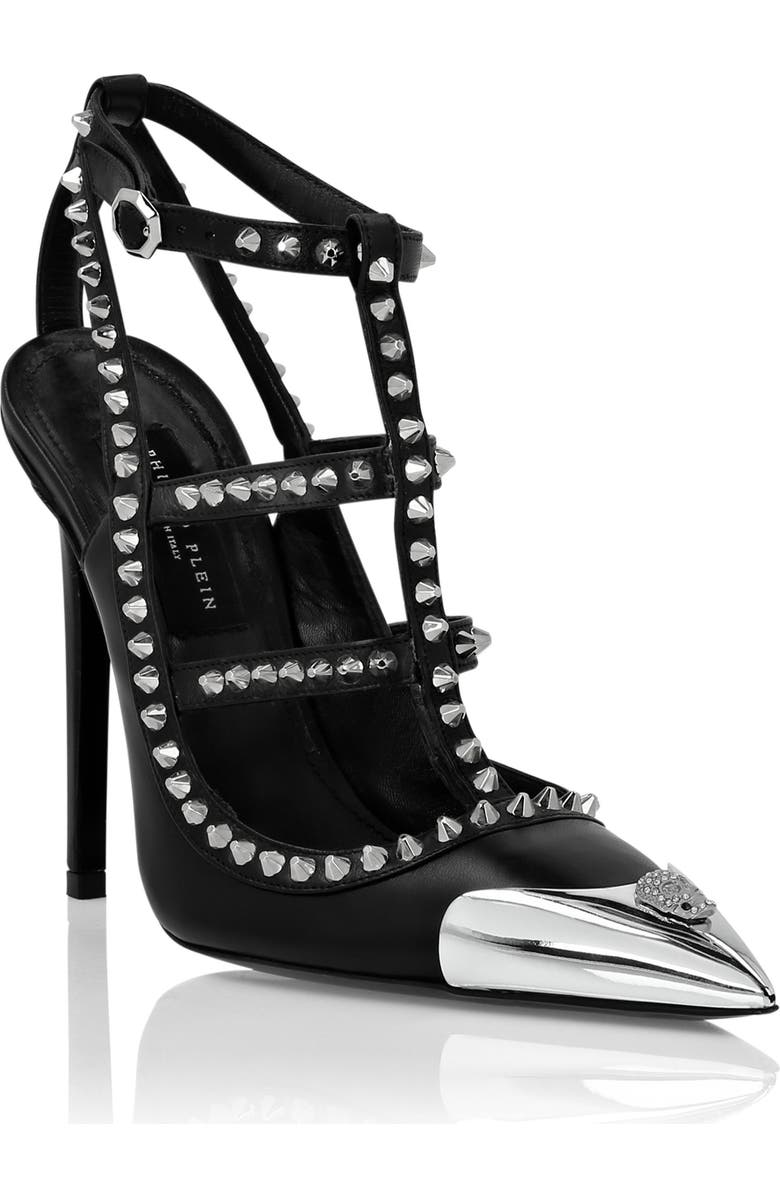 PHILIPP PLEIN Nappa Leather Sandals High Heels Studs Women, Main, color, Black