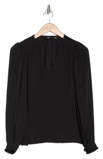 T Tahari Smocked Cuff Long Sleeve Blouse In Black