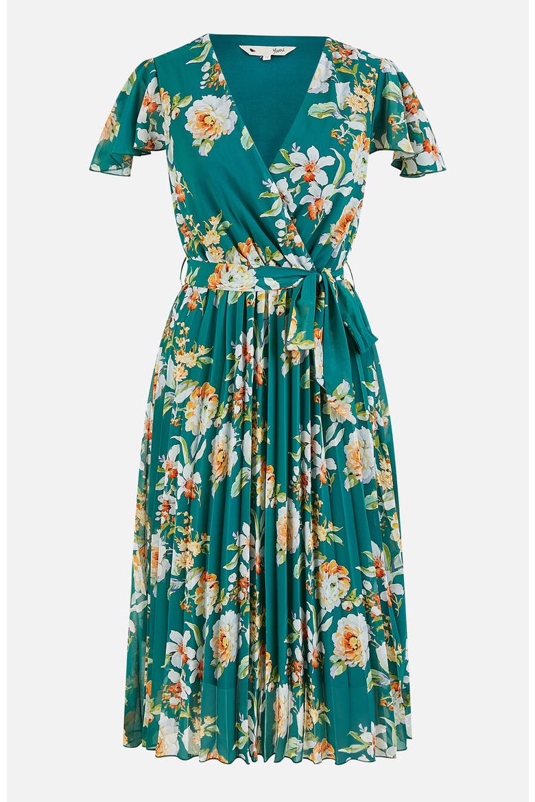 Pleated Floral Tie-Waist Wrap Midi Dress, Alternate, color, Green