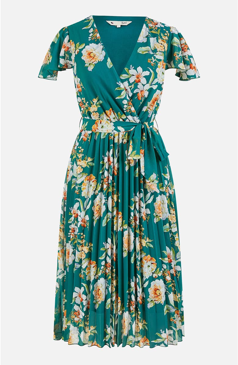 Yumi Pleated Floral Tie-Waist Wrap Midi Dress, Alternate, color, Green
