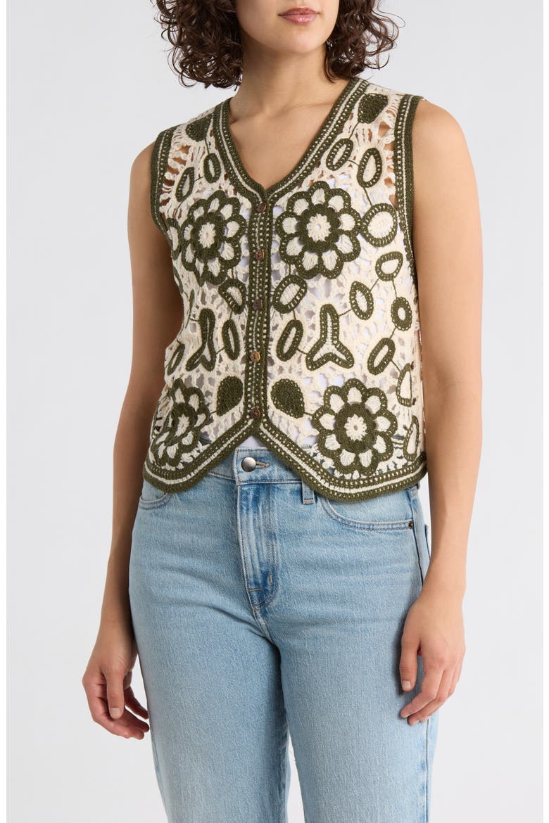 Floral Embroidered Open Knit Button Tank, Main, color, NATURAL/ OLIVE