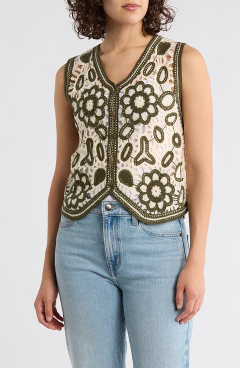 Floral Embroidered Open Knit Button Tank