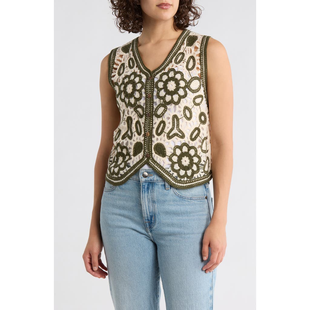 Forgotten Grace Floral Embroidered Open Knit Button Tank