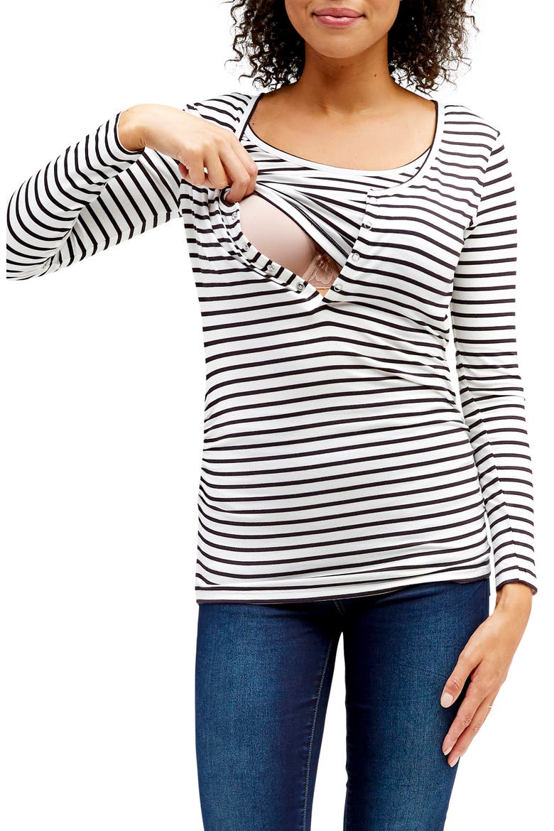 Ruched Long Sleeve Maternity/Nursing Top, Alternate, color, BLACK AND WHITE STRIPE