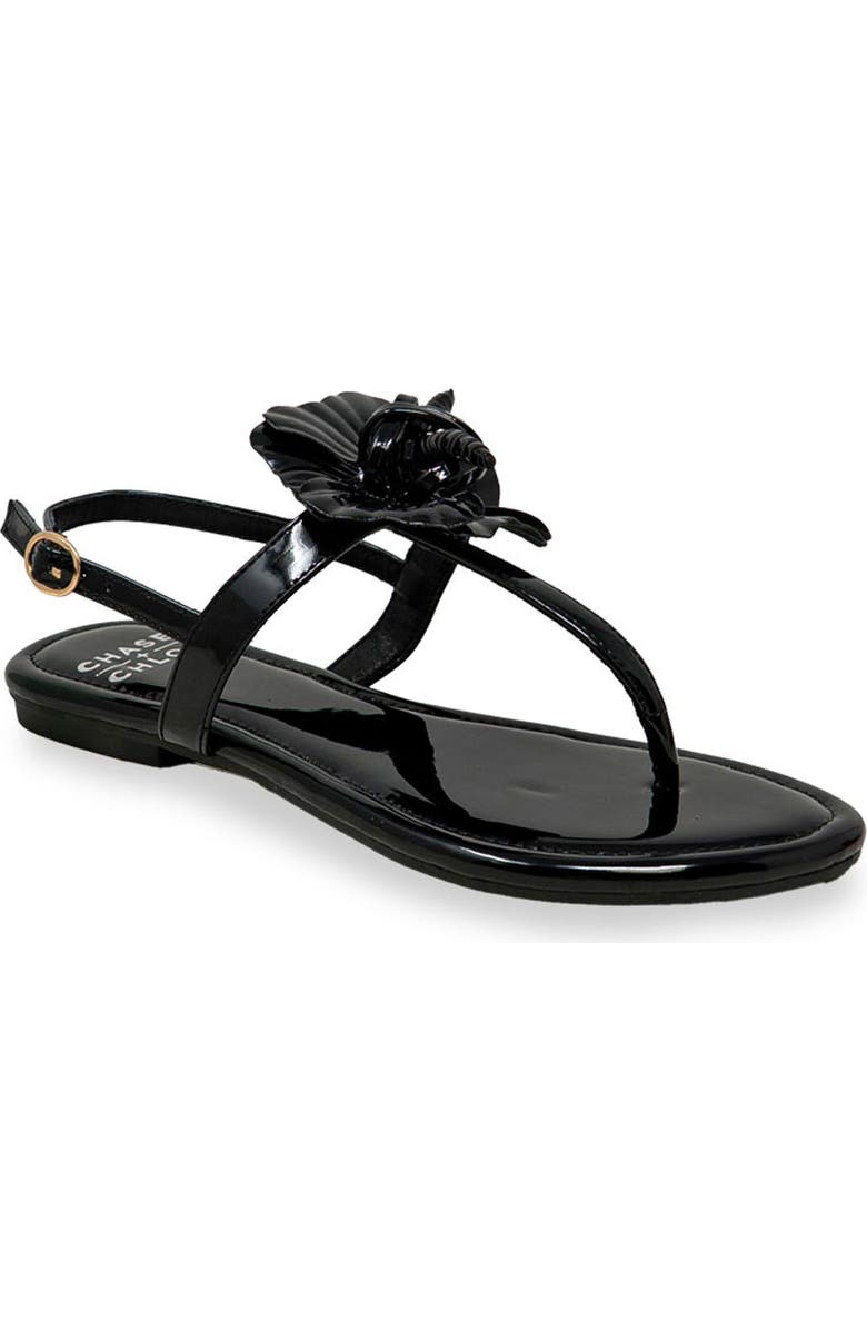 CHASE AND CHLOE Floral Post Toe Sandal, Main, color, Black Patent