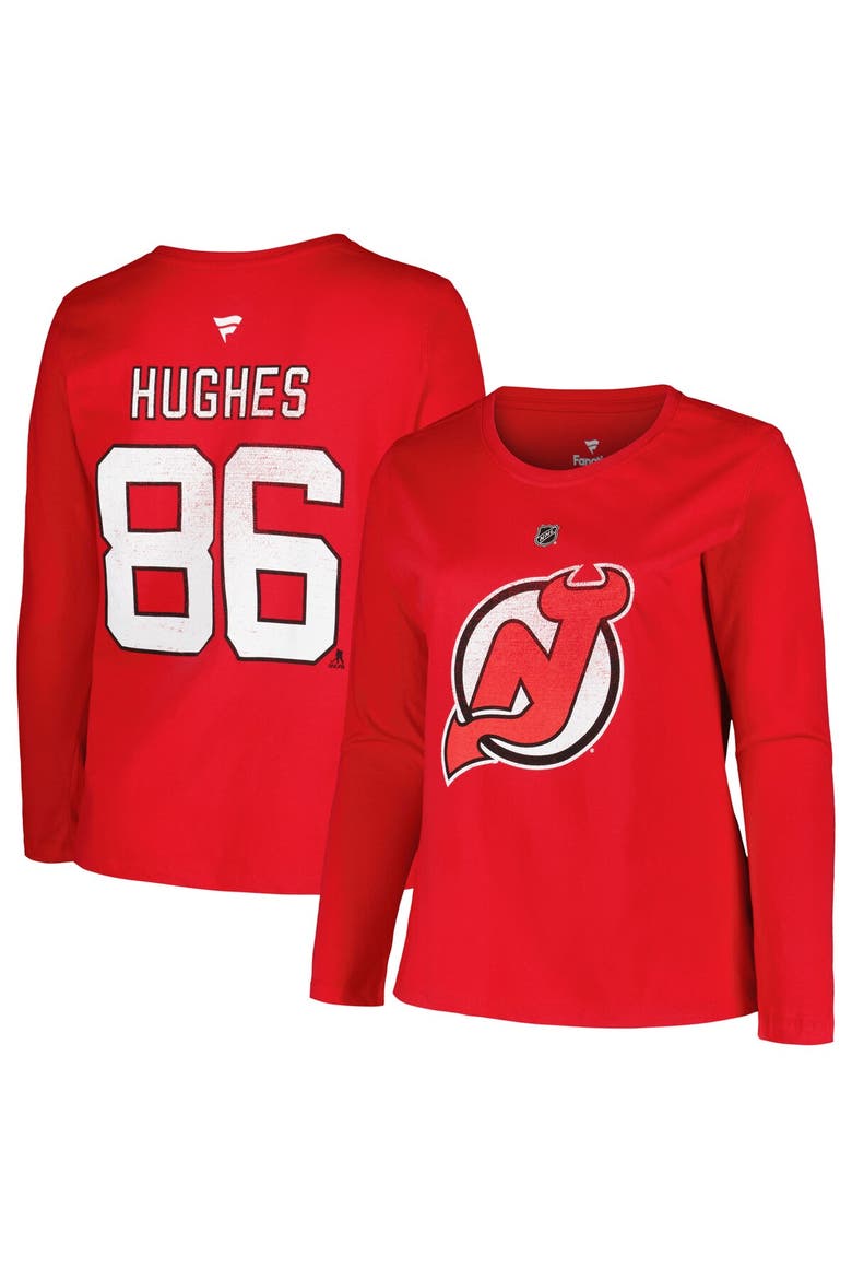 Women's Profile Jack Hughes Red New Jersey Devils Plus Size Name & Number Long Sleeve T-Shirt, Main, color, Red