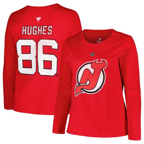 Women's Profile Jack Hughes Red New Jersey Devils Plus Size Name & Number Long Sleeve T-Shirt