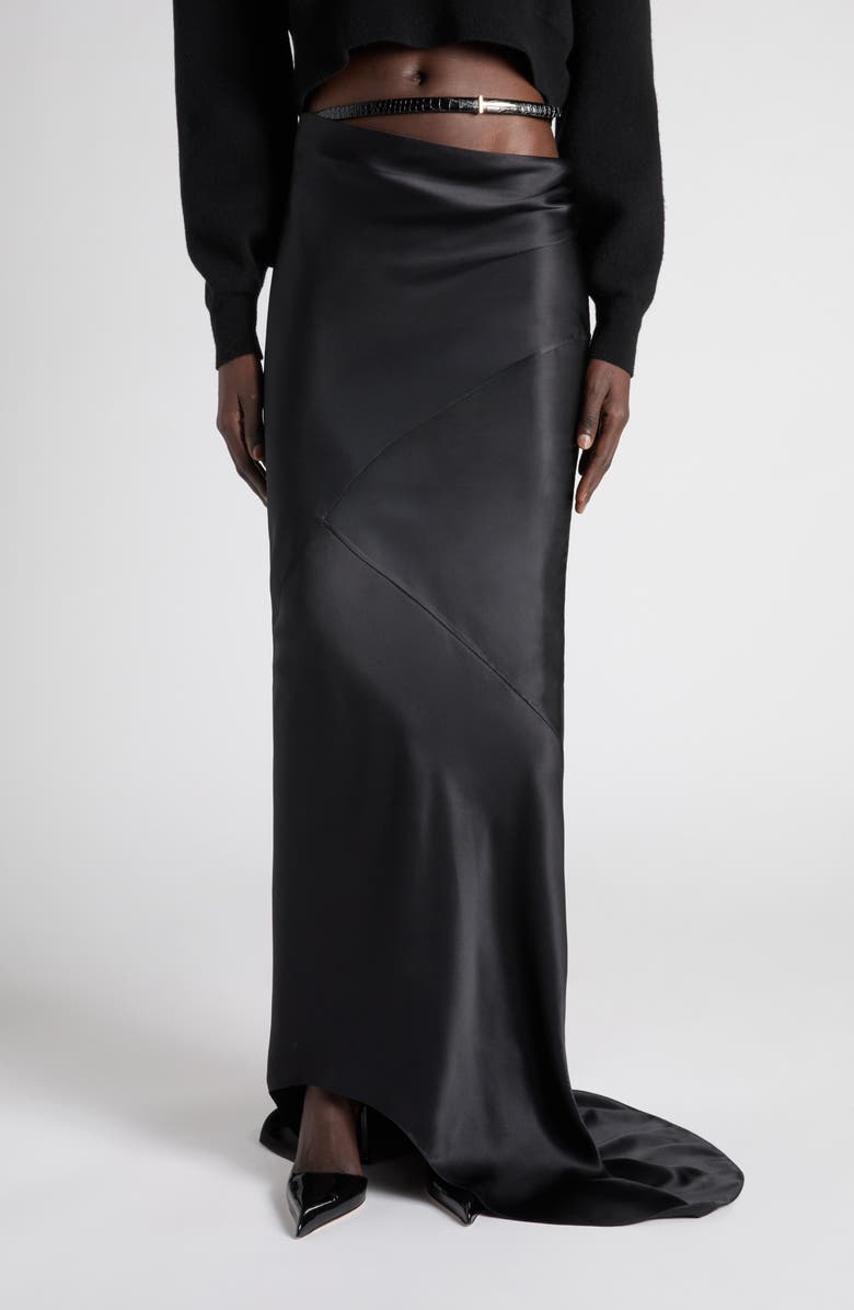 TOM FORD Belt Accent Bias Cut Silk Satin Maxi Skirt with Train, Main, color, Black